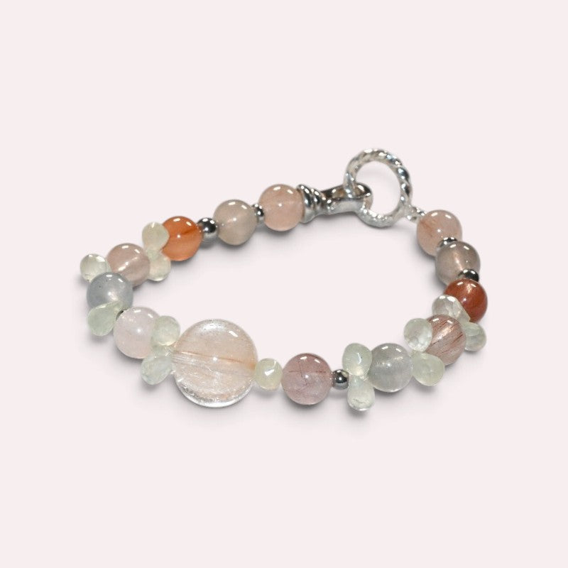 Rutilated Quartz Charm +Rainbow Rabbit Fur Quartz  w/ Prehnite Bracelet
