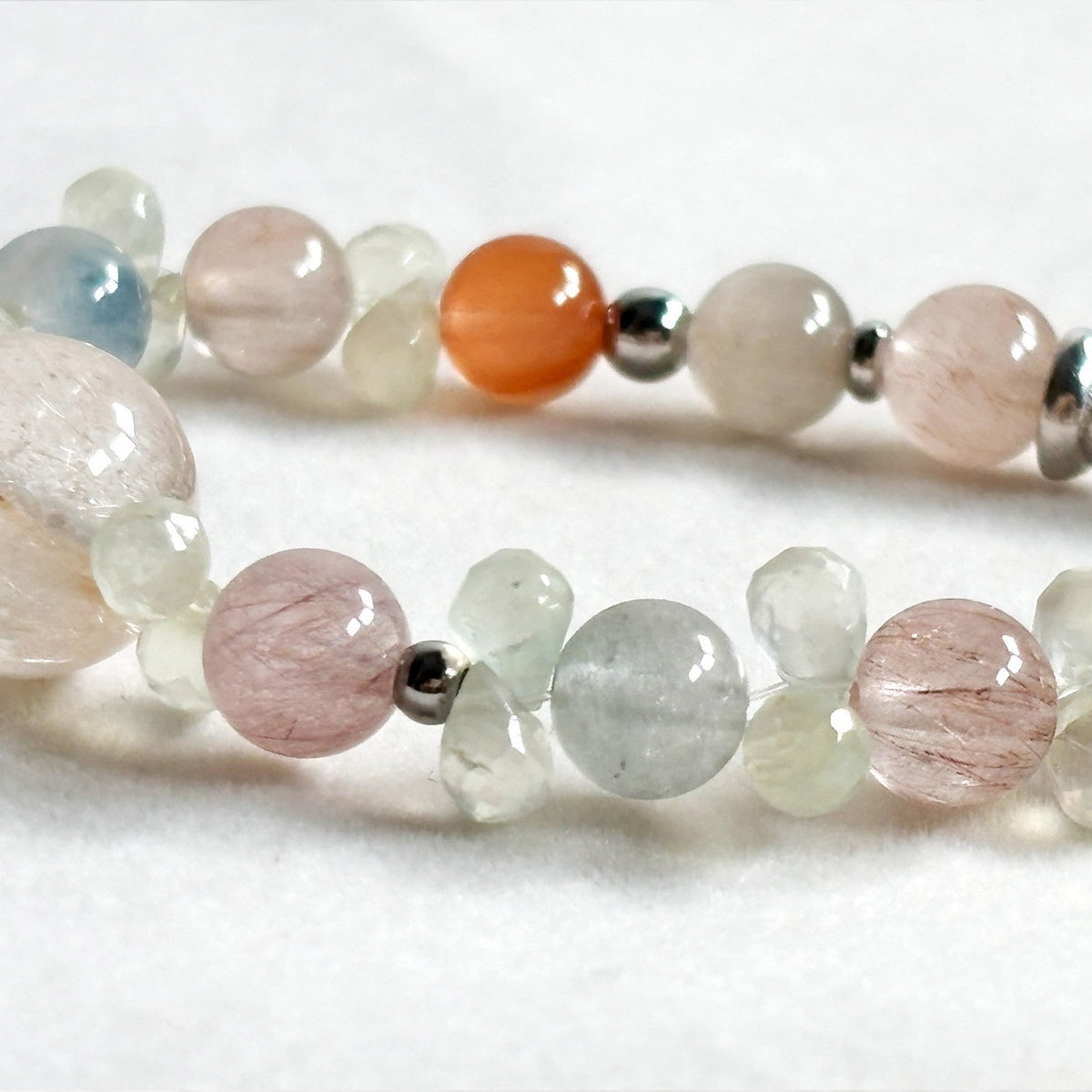 Rutilated Quartz Charm +Rainbow Rabbit Fur Quartz  w/ Prehnite Bracelet