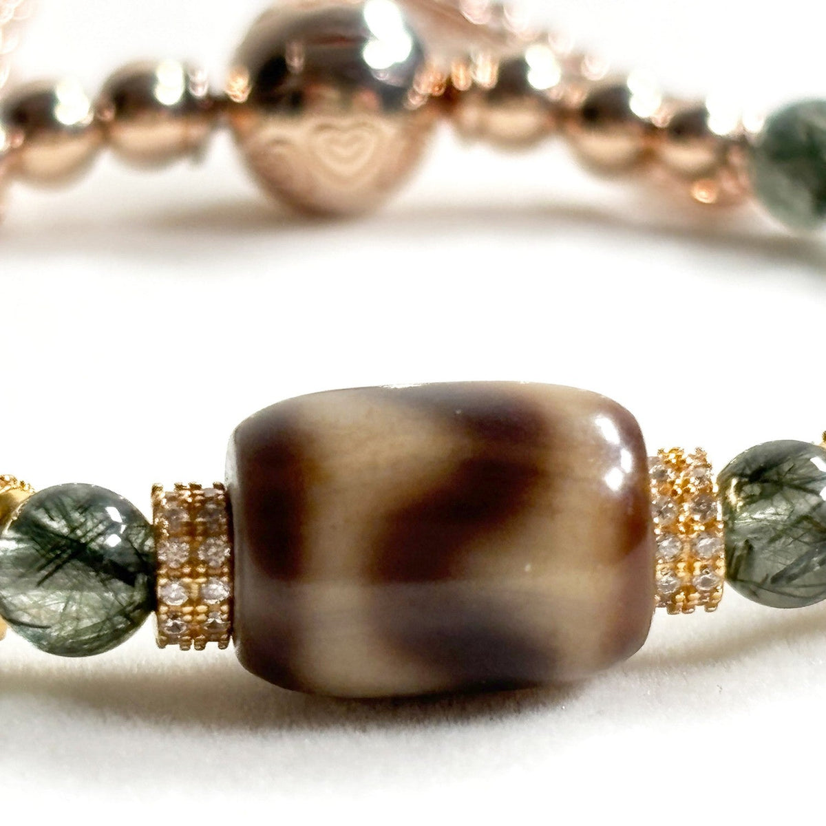 Tiger Tooth Dzi Bead w/ Green Rutilated Quartz Bangle