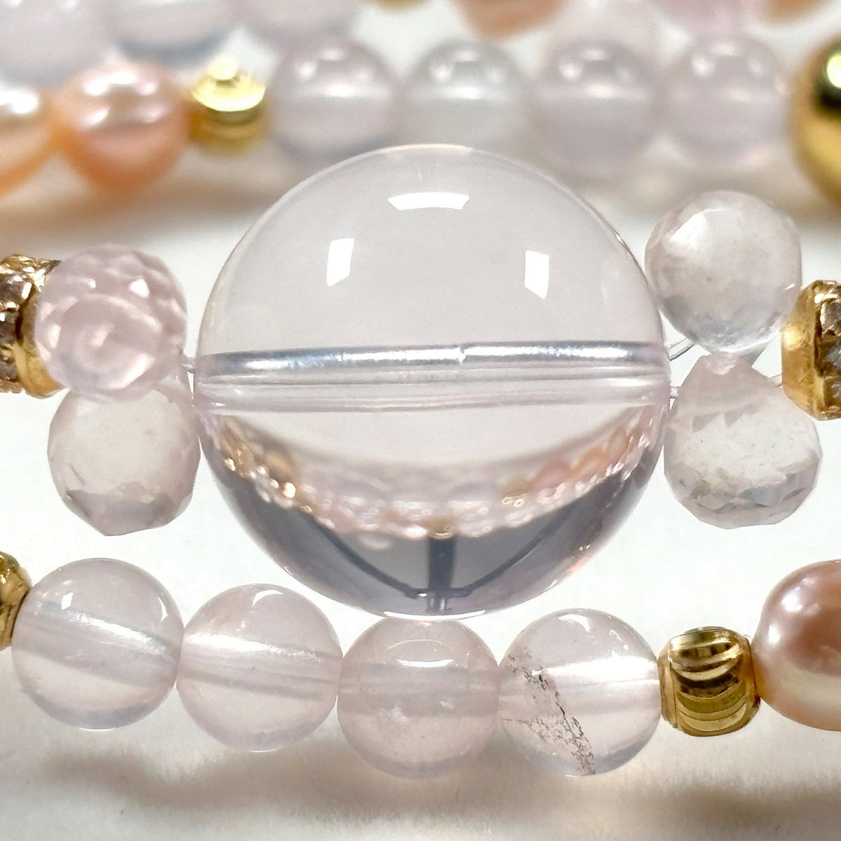 Mozambique Rose Quartz w/ Freshwater Pearl Dual- Loop Bracelet