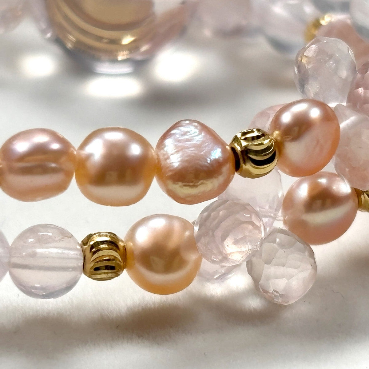 Mozambique Rose Quartz w/ Freshwater Pearl Dual- Loop Bracelet