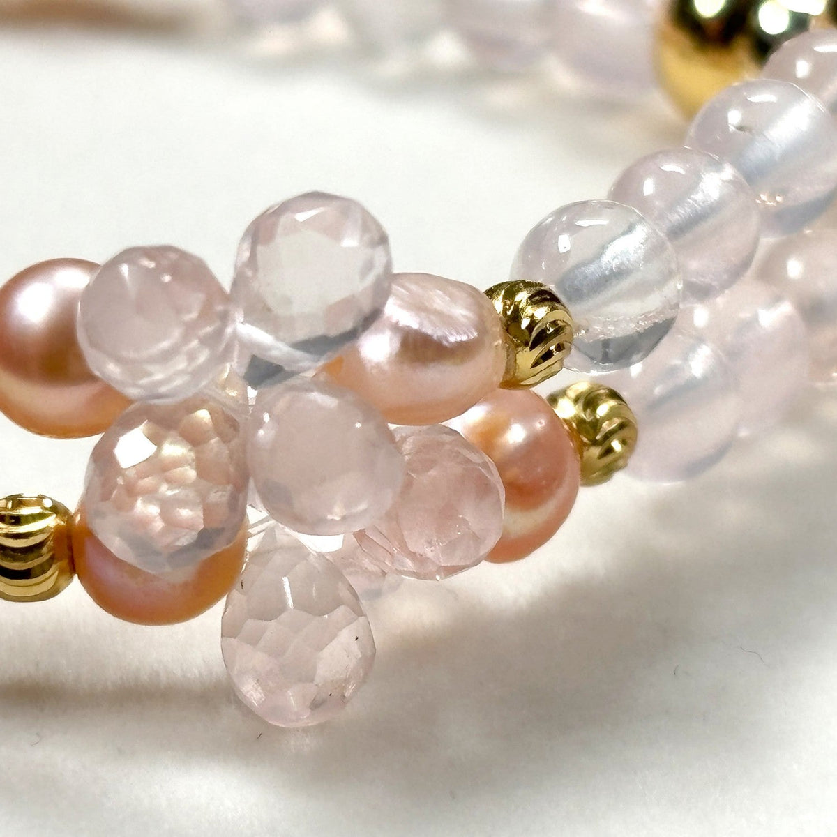 Mozambique Rose Quartz w/ Freshwater Pearl Dual- Loop Bracelet