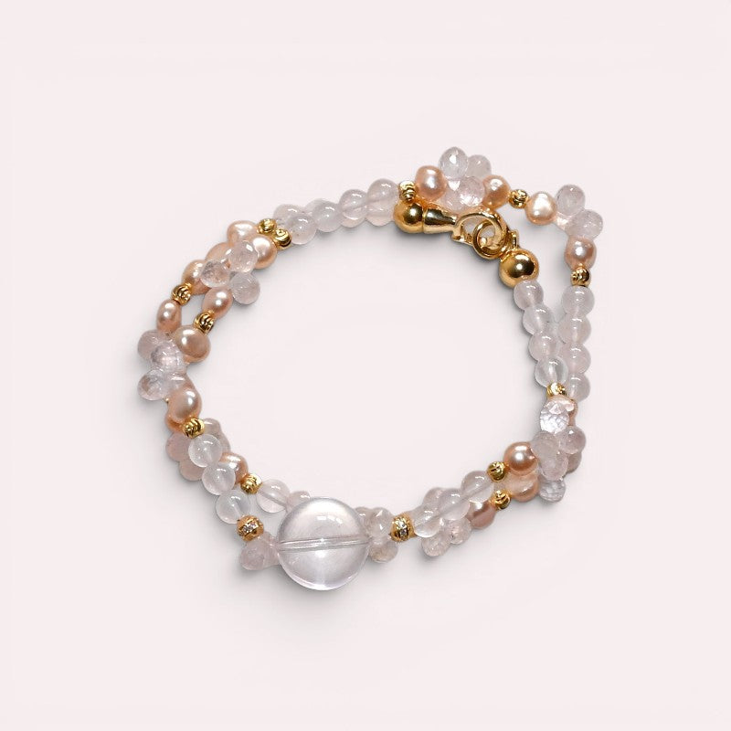 Mozambique Rose Quartz w/ Freshwater Pearl Dual- Loop Bracelet