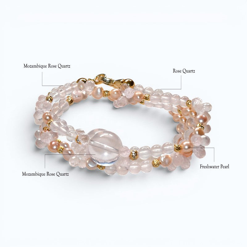 Mozambique Rose Quartz w/ Freshwater Pearl Dual- Loop Bracelet