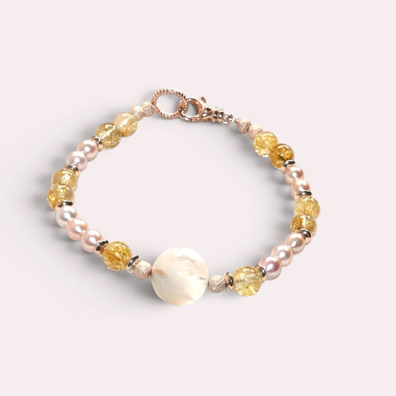 White Rabbit Fur Quartz Charm + Golden Titanium Rutilated w/ Freshwater Pearl Bracelet