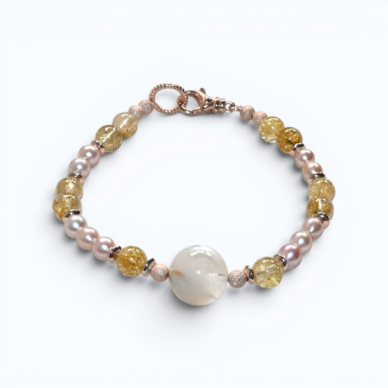 White Rabbit Fur Quartz Charm + Golden Titanium Rutilated w/ Freshwater Pearl Bracelet