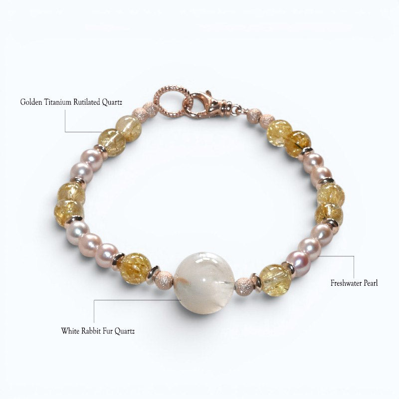 White Rabbit Fur Quartz Charm + Golden Titanium Rutilated w/ Freshwater Pearl Bracelet