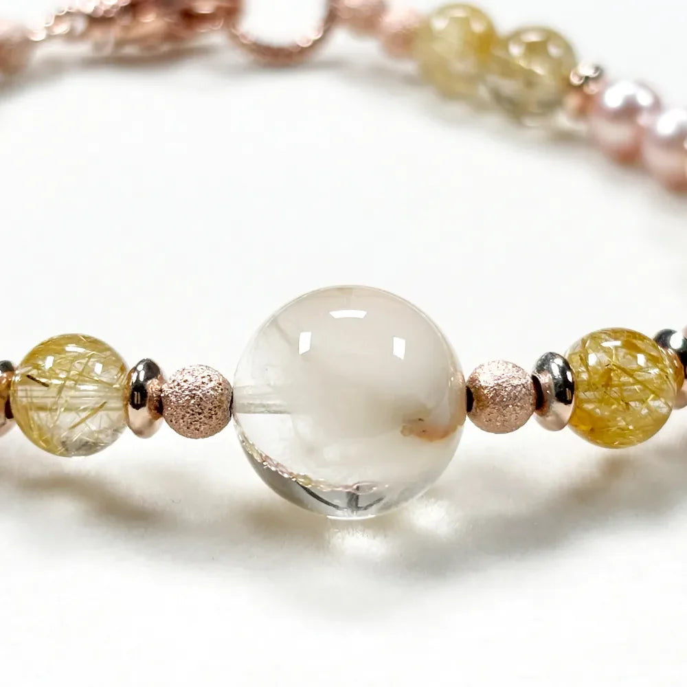 White Rabbit Fur Quartz Charm + Golden Titanium Rutilated w/ Freshwater Pearl Bracelet
