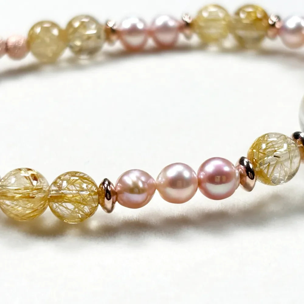 White Rabbit Fur Quartz Charm + Golden Titanium Rutilated w/ Freshwater Pearl Bracelet