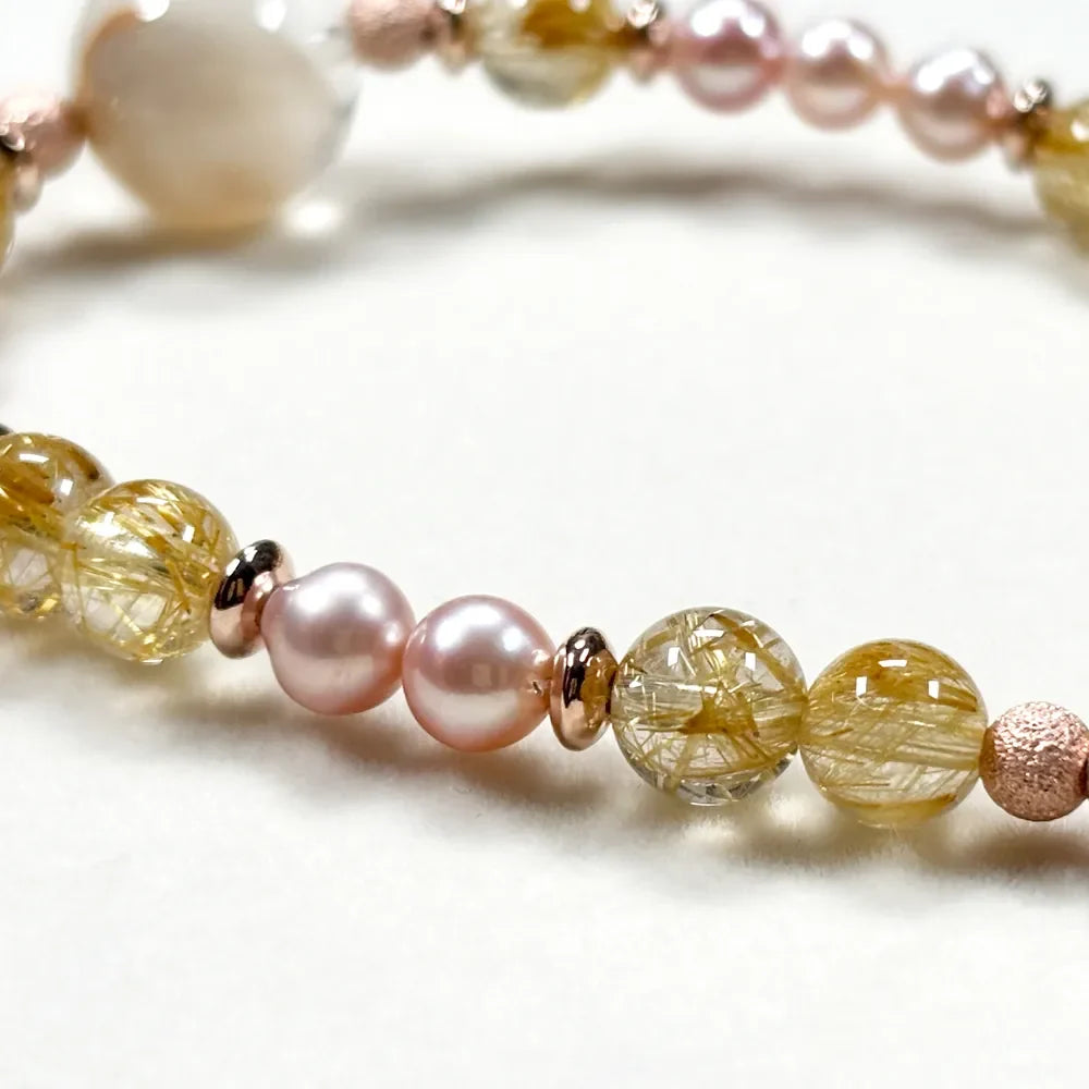 White Rabbit Fur Quartz Charm + Golden Titanium Rutilated w/ Freshwater Pearl Bracelet