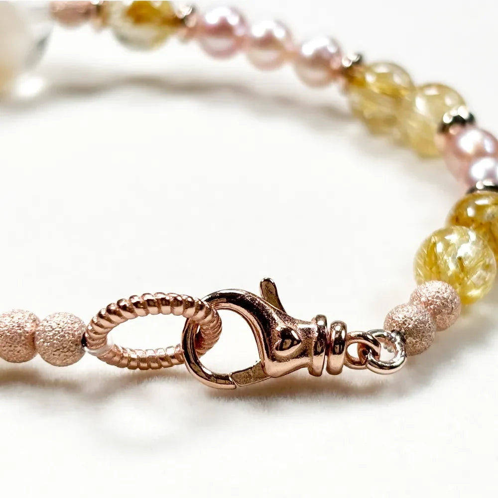 White Rabbit Fur Quartz Charm + Golden Titanium Rutilated w/ Freshwater Pearl Bracelet