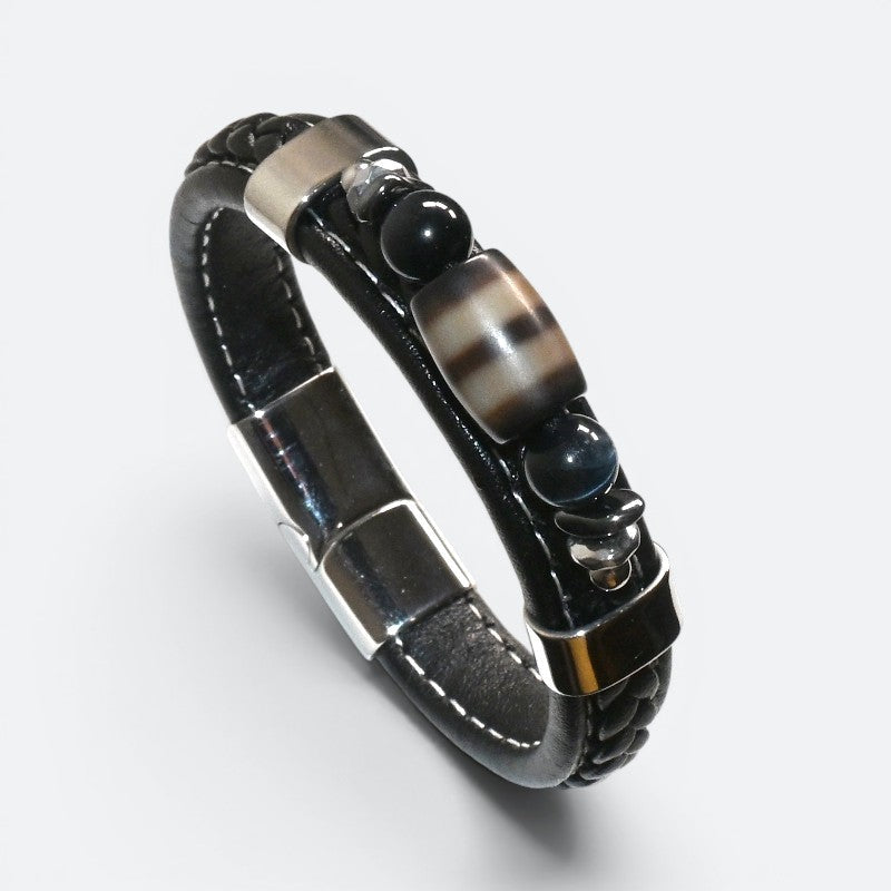 Striped Dzi Bead w/ Leather Bangle