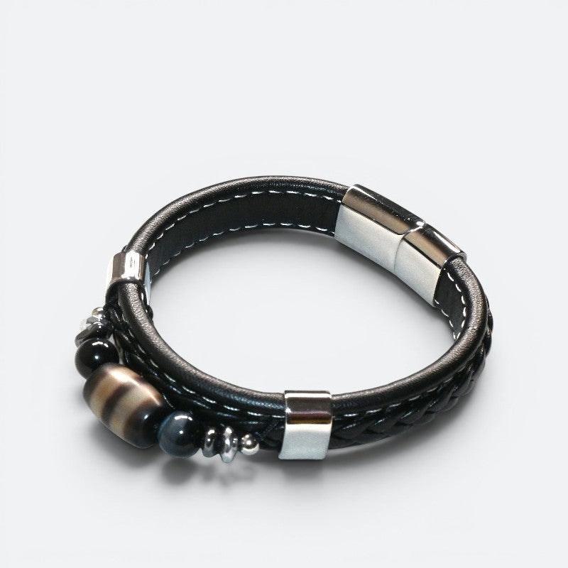 Striped Dzi Bead w/ Leather Bangle