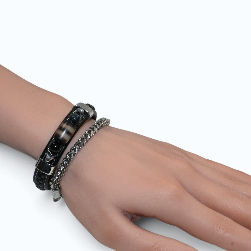 Striped Dzi Bead w/ Leather Bangle