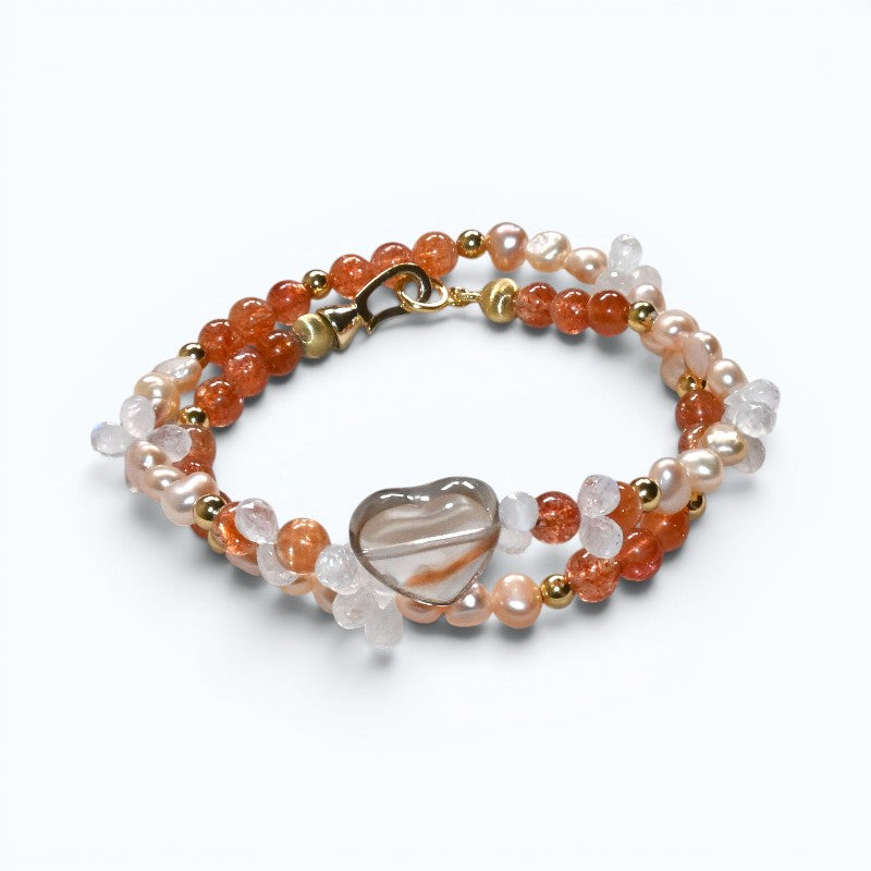 Red Rabbit Fur Quartz + Golden Sunstone+ Moonstone w/ Freshwater Pearl Dual- Loop Bracelet