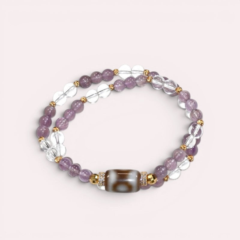 Special Three Eye Dzi Bead + Amethyst Super Seven Quartz w/ Clear Quartz Dual-Loop Bracelet