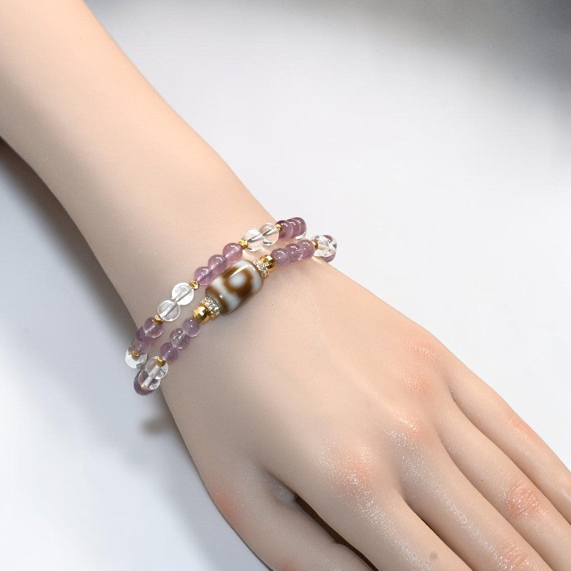 Special Three Eye Dzi Bead + Amethyst Super Seven Quartz w/ Clear Quartz Dual-Loop Bracelet
