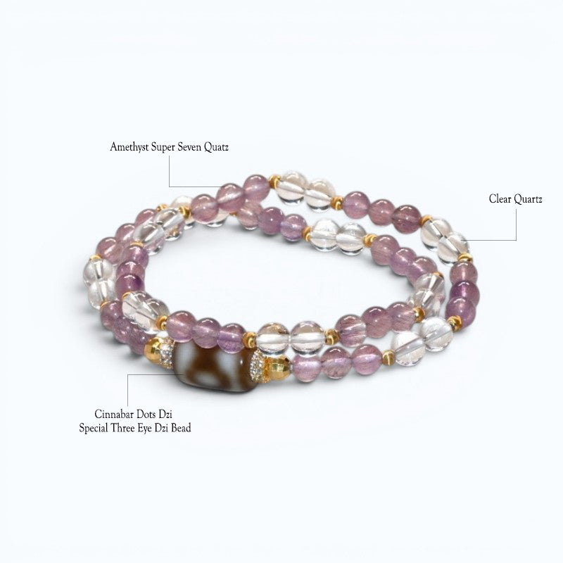 Special Three Eye Dzi Bead + Amethyst Super Seven Quartz w/ Clear Quartz Dual-Loop Bracelet