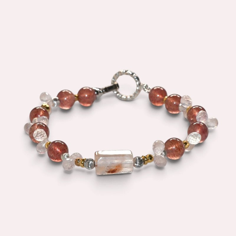 White Rabbit Fur Quartz +Strawberry Quartz  w/ Rose Quartz Bracelet