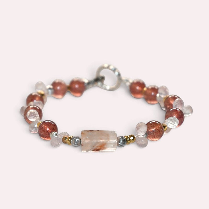 White Rabbit Fur Quartz +Strawberry Quartz  w/ Rose Quartz Bracelet