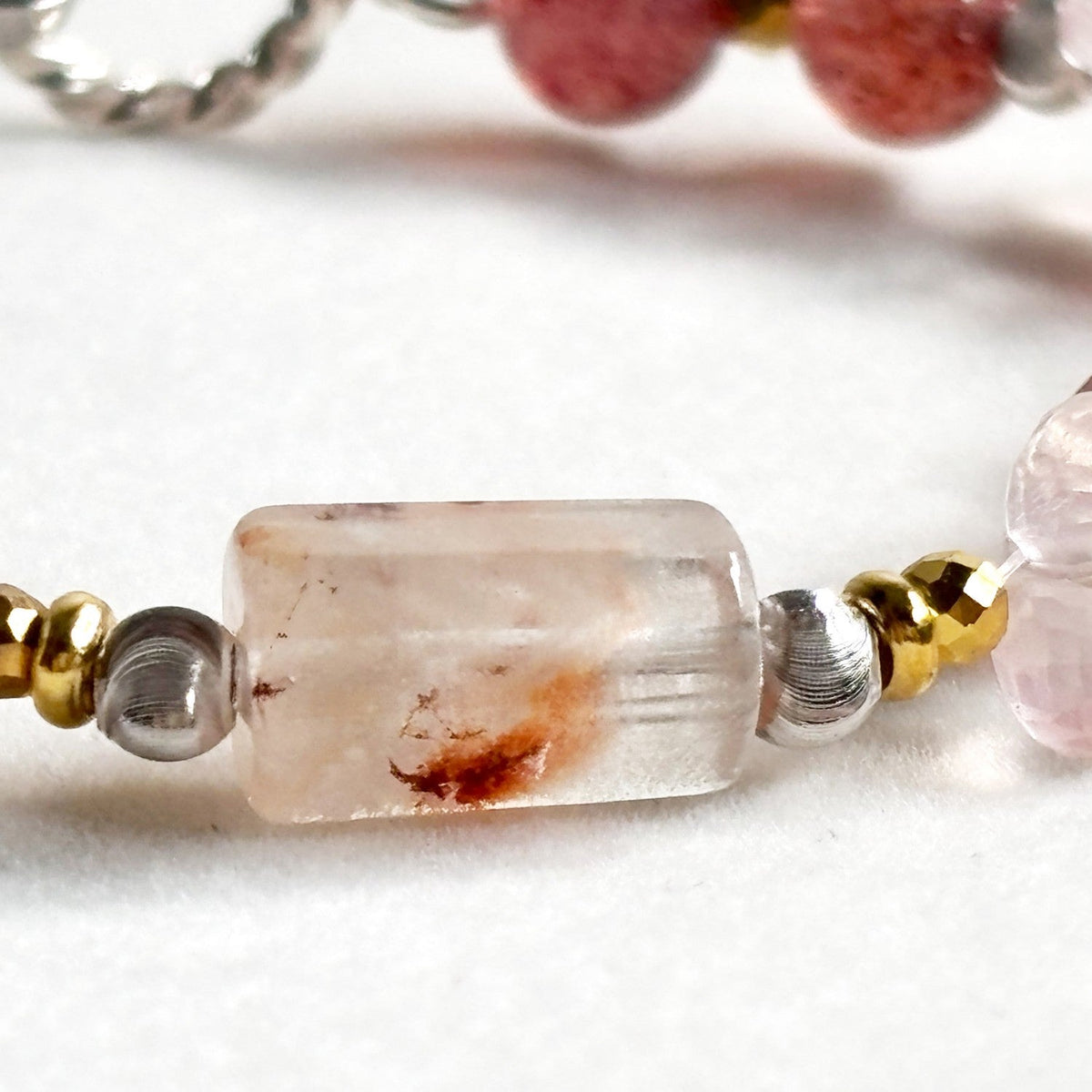 White Rabbit Fur Quartz +Strawberry Quartz  w/ Rose Quartz Bracelet