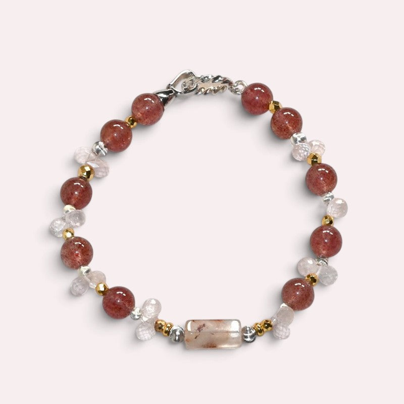 White Rabbit Fur Quartz +Strawberry Quartz  w/ Rose Quartz Bracelet