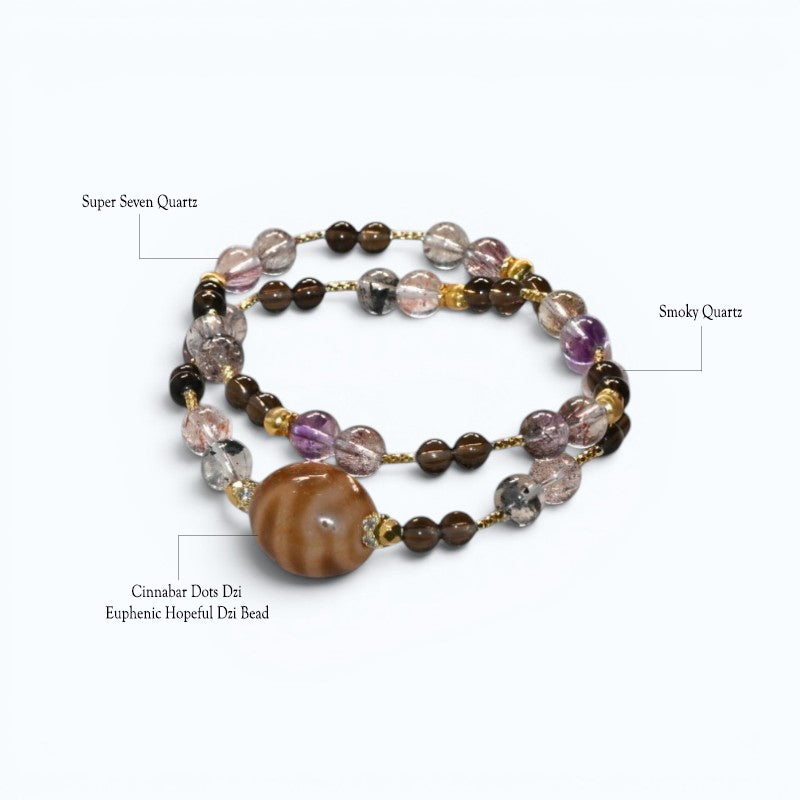 Euphenic Hopeful Dzi Bead + Super Seven Quartz w/ Smoky Quartz Dual-Loop Bracelet