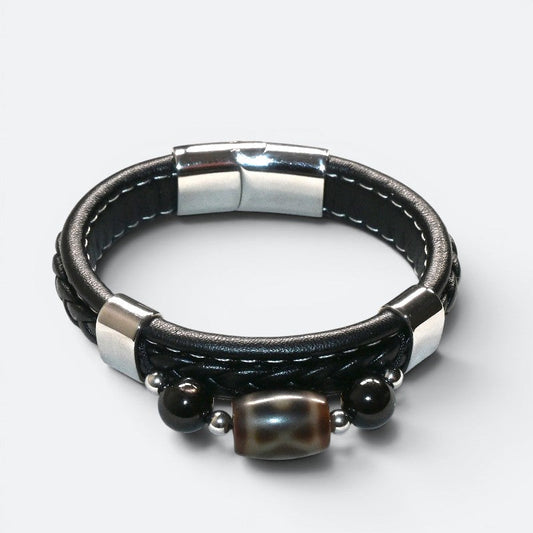 Bagua Two Eye Dzi Bead w/ Leather Bangle
