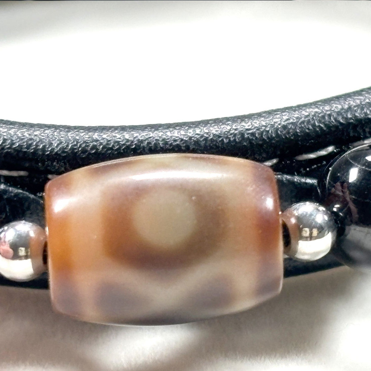 Bagua Two Eye Dzi Bead w/ Leather Bangle