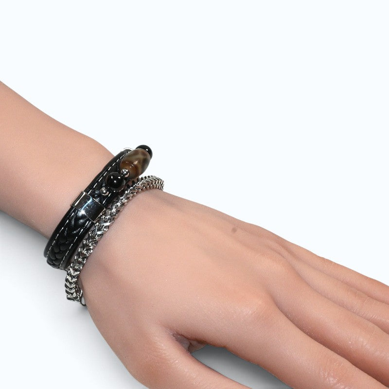 Bagua Two Eye Dzi Bead w/ Leather Bangle