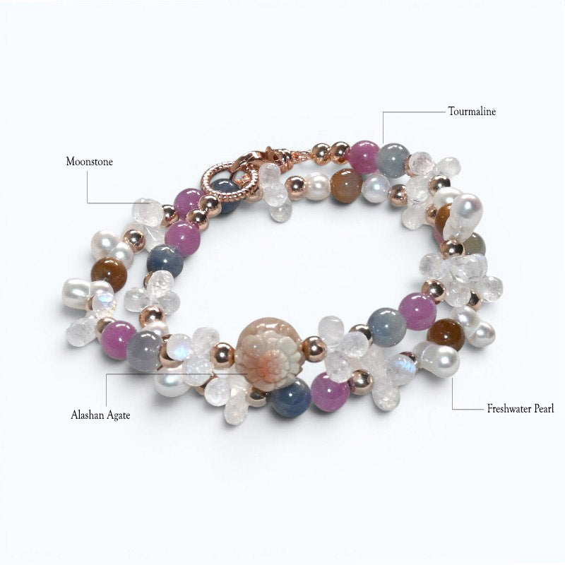Alashan Agate Charm + Tourmaline+ Moonstone w/ Freshwater Pearl Dual- Loop Bracelet