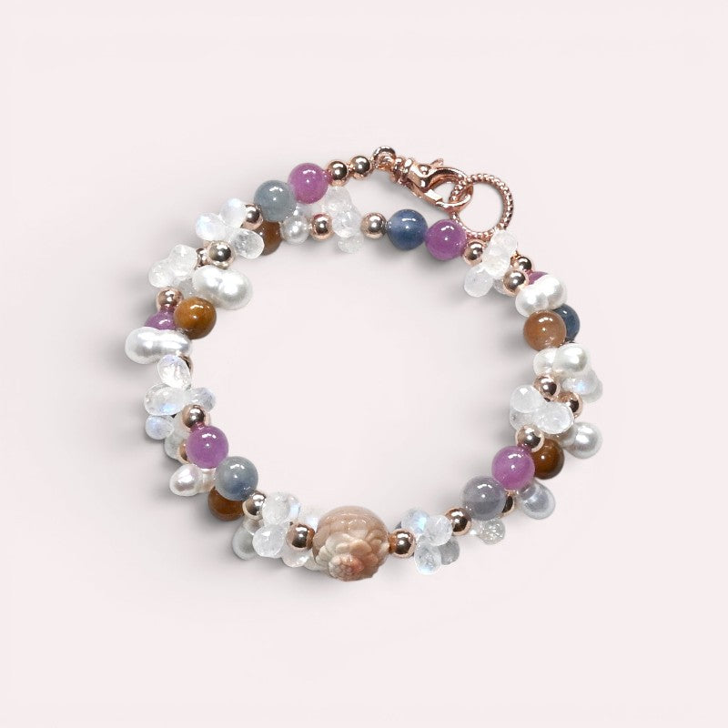 Alashan Agate Charm + Tourmaline+ Moonstone w/ Freshwater Pearl Dual- Loop Bracelet