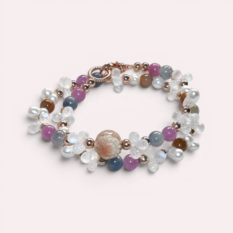 Alashan Agate Charm + Tourmaline+ Moonstone w/ Freshwater Pearl Dual- Loop Bracelet