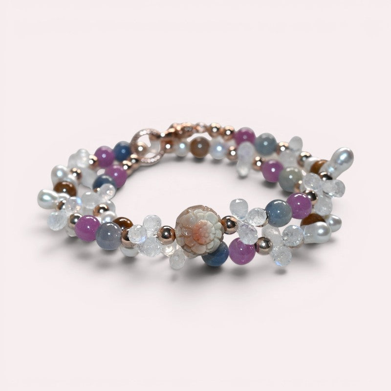 Alashan Agate Charm + Tourmaline+ Moonstone w/ Freshwater Pearl Dual- Loop Bracelet