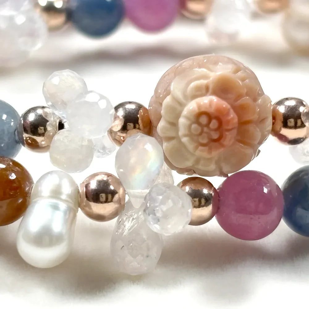 Alashan Agate Charm + Tourmaline+ Moonstone w/ Freshwater Pearl Dual- Loop Bracelet