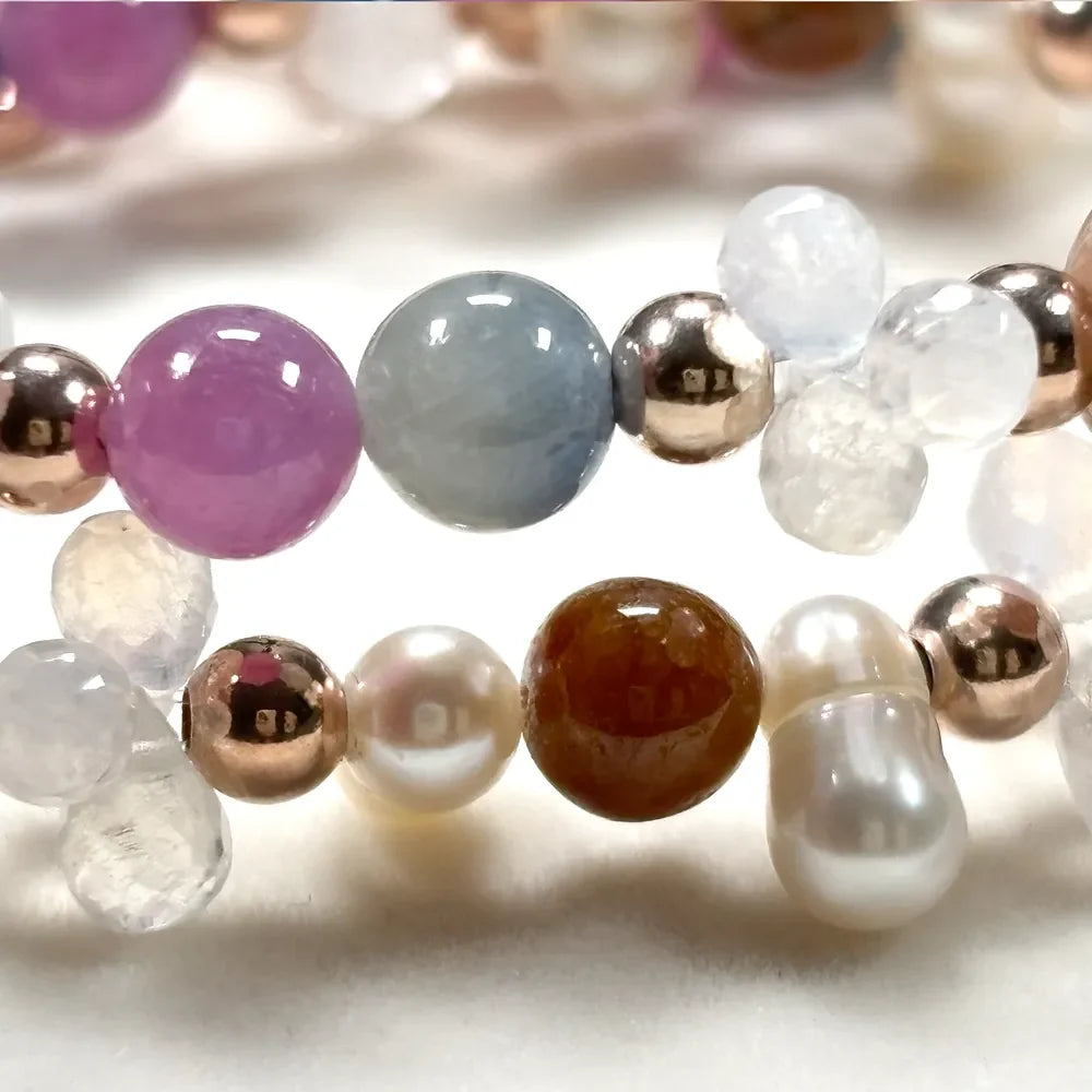 Alashan Agate Charm + Tourmaline+ Moonstone w/ Freshwater Pearl Dual- Loop Bracelet