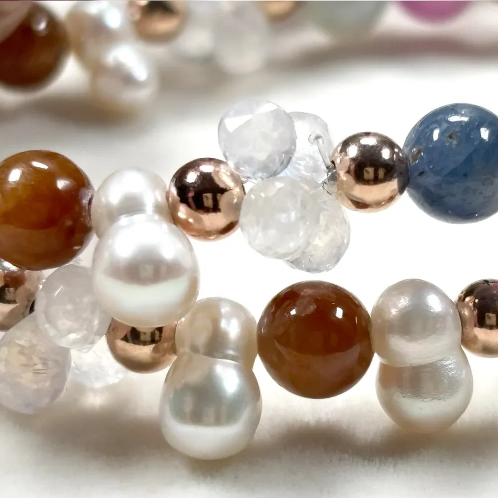 Alashan Agate Charm + Tourmaline+ Moonstone w/ Freshwater Pearl Dual- Loop Bracelet