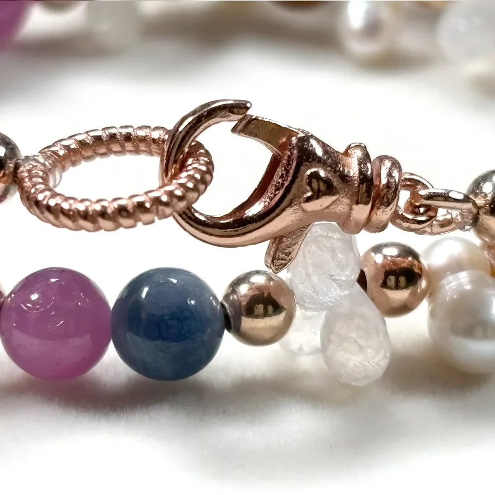 Alashan Agate Charm + Tourmaline+ Moonstone w/ Freshwater Pearl Dual- Loop Bracelet