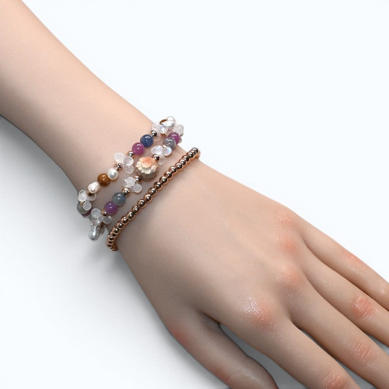 Alashan Agate Charm + Tourmaline+ Moonstone w/ Freshwater Pearl Dual- Loop Bracelet