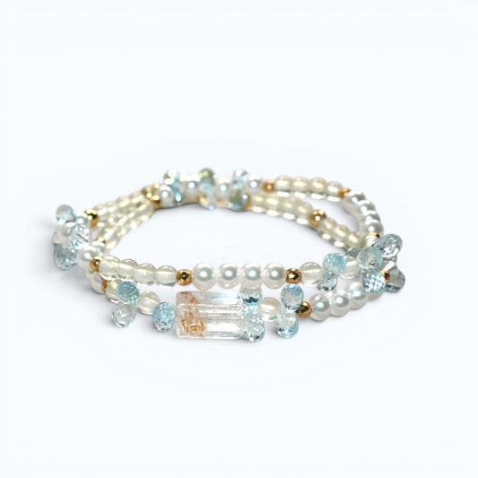 White Rabbit Fur Charm + Prehnite + Blue Topaz w/ Freshwater Pearl Dual- Loop Bracelet