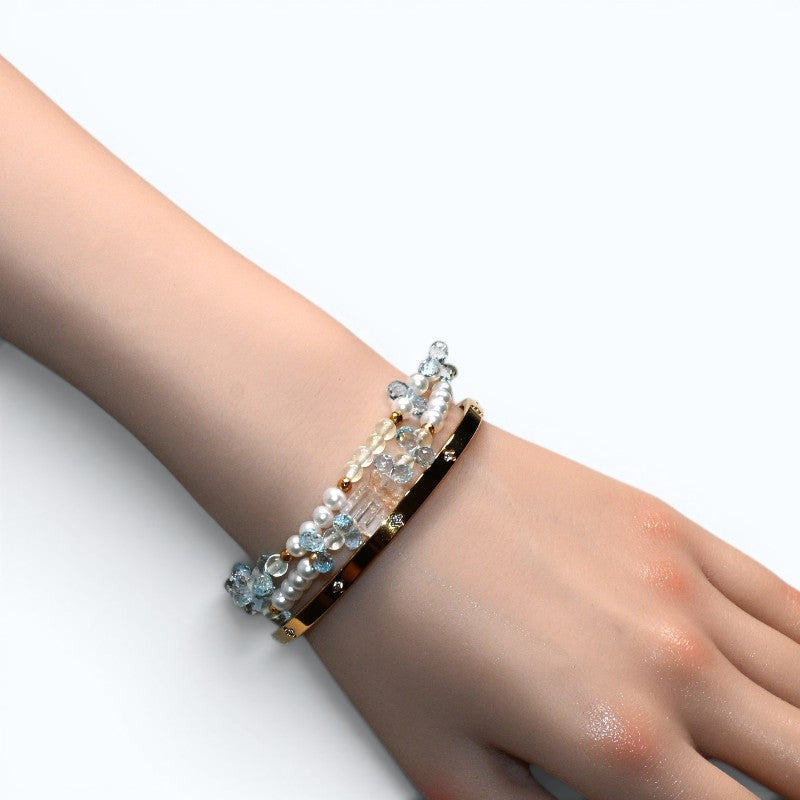 White Rabbit Fur Charm + Prehnite + Blue Topaz w/ Freshwater Pearl Dual- Loop Bracelet