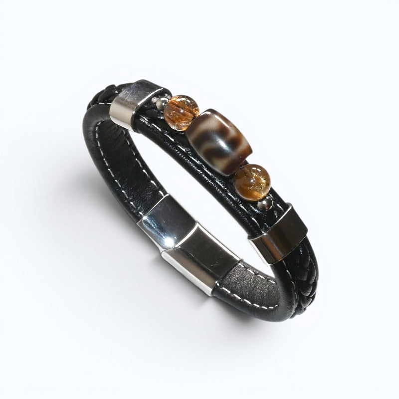Wave Dzi Bead w/ Leather Bangle