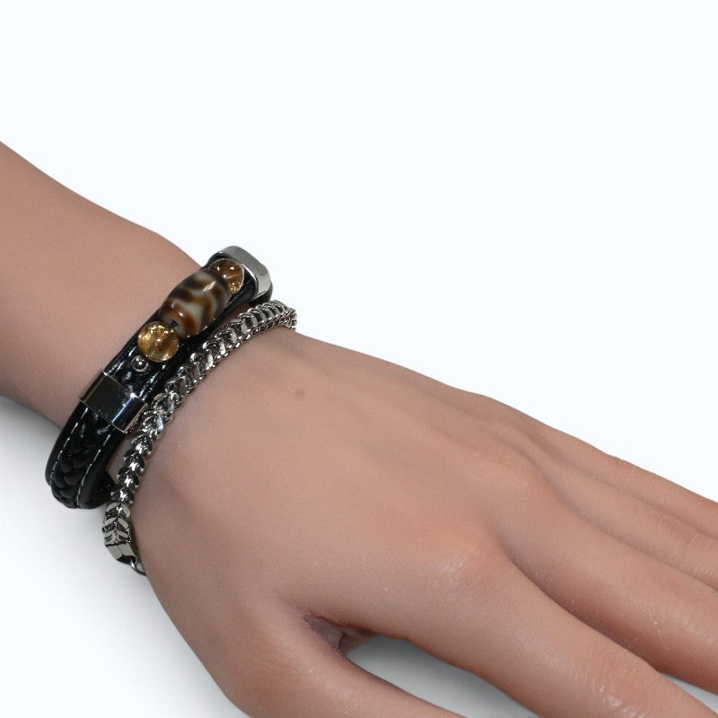Wave Dzi Bead w/ Leather Bangle