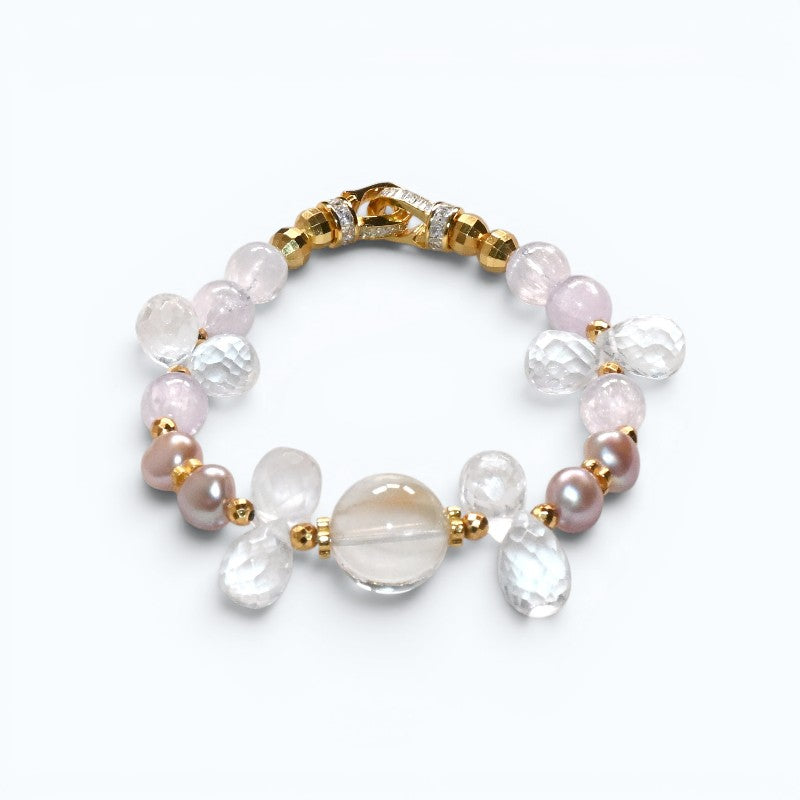 White Rabbit Fur Quartz Charm + Kunzite+ Clear Quartz w/ Freshwater Pearl Bracelet