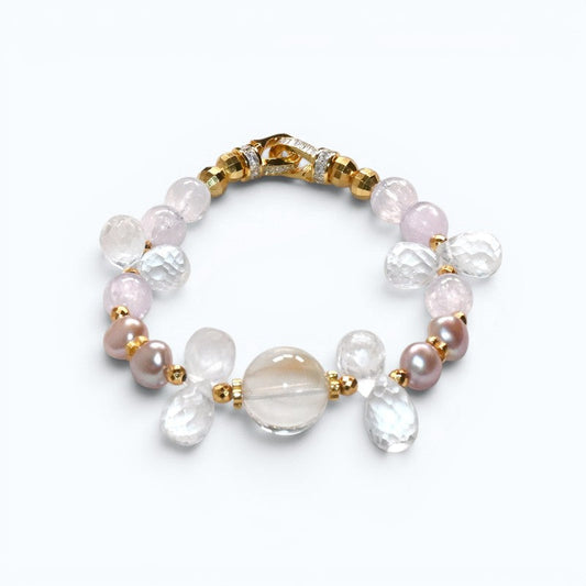 White Rabbit Fur Quartz Charm + Kunzite+ Clear Quartz w/ Freshwater Pearl Bracelet