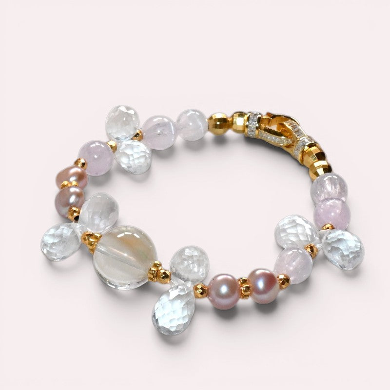 White Rabbit Fur Quartz Charm + Kunzite+ Clear Quartz w/ Freshwater Pearl Bracelet