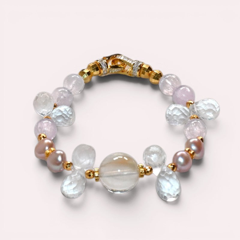 White Rabbit Fur Quartz Charm + Kunzite+ Clear Quartz w/ Freshwater Pearl Bracelet