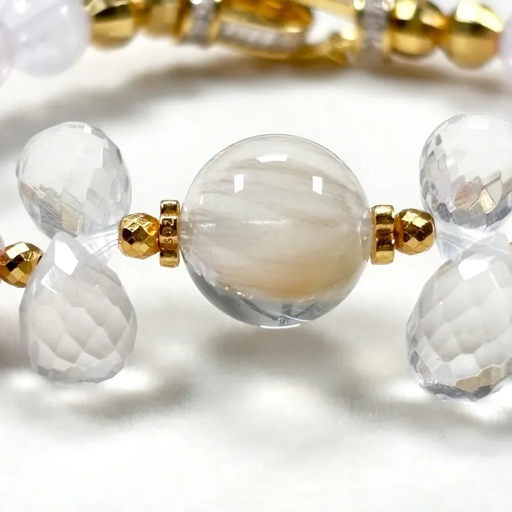 White Rabbit Fur Quartz Charm + Kunzite+ Clear Quartz w/ Freshwater Pearl Bracelet