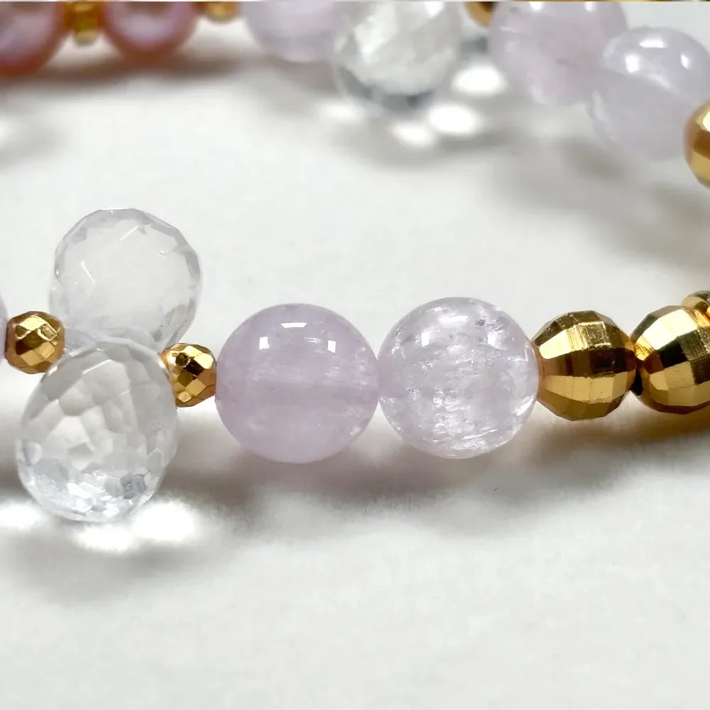 White Rabbit Fur Quartz Charm + Kunzite+ Clear Quartz w/ Freshwater Pearl Bracelet