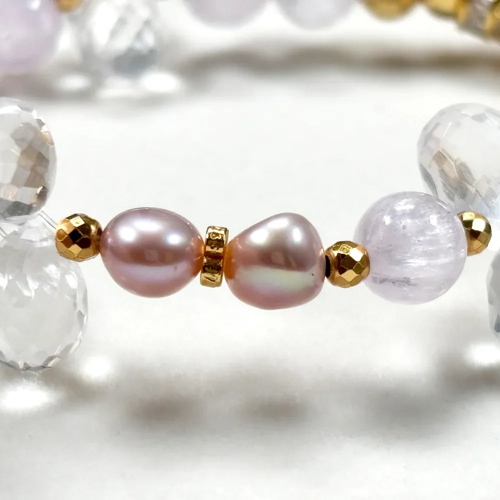 White Rabbit Fur Quartz Charm + Kunzite+ Clear Quartz w/ Freshwater Pearl Bracelet